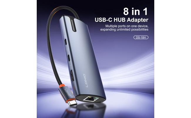 LDNIO DS-18H New Trending 8 in 1 Type-C to USB-C 3.0*1+USB C2.0/Pd100W*1+HDMI*1+USB3.0*2+RJ45*1+SD2.0*1+TF2.0*100W PD Charging Docking Station for Laptop mac- Gray